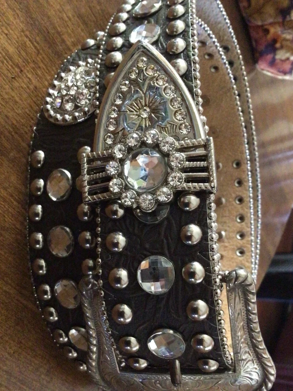 Black Studded Western-Style Leather Belt with Crystal Accents